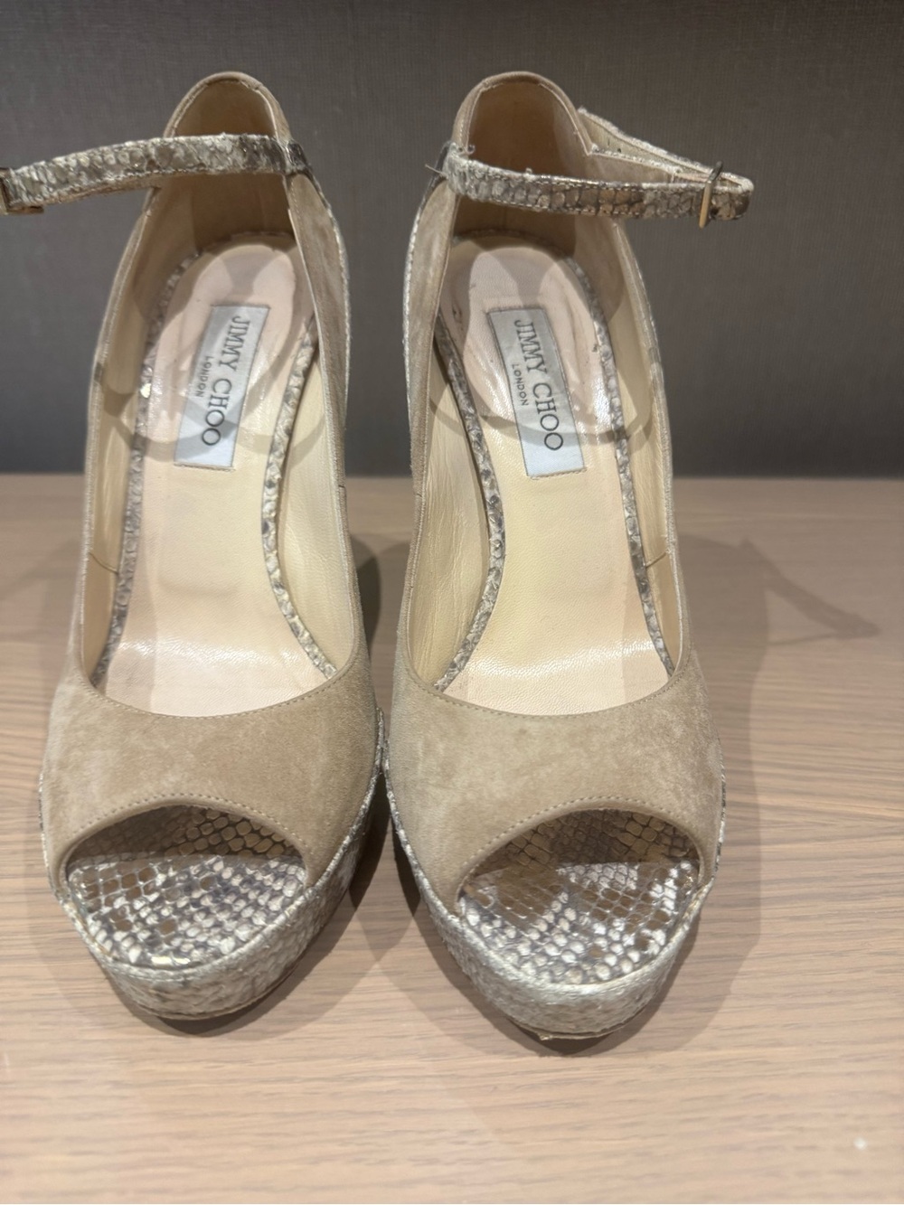 Jimmy Choo Taupe Suede and Metallic Snake-Print Platform Heels